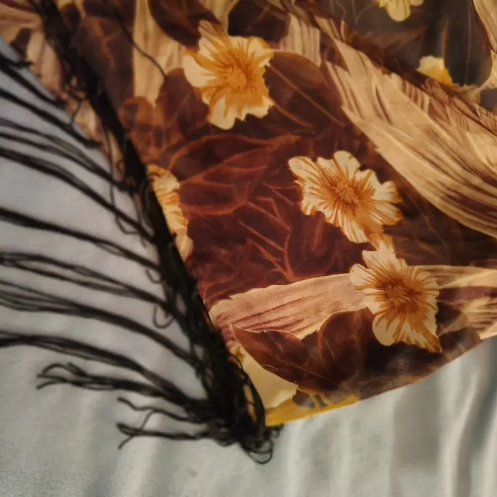 Boho Floral Triangle Scarf – Browns & Tans with Dark Tassels
